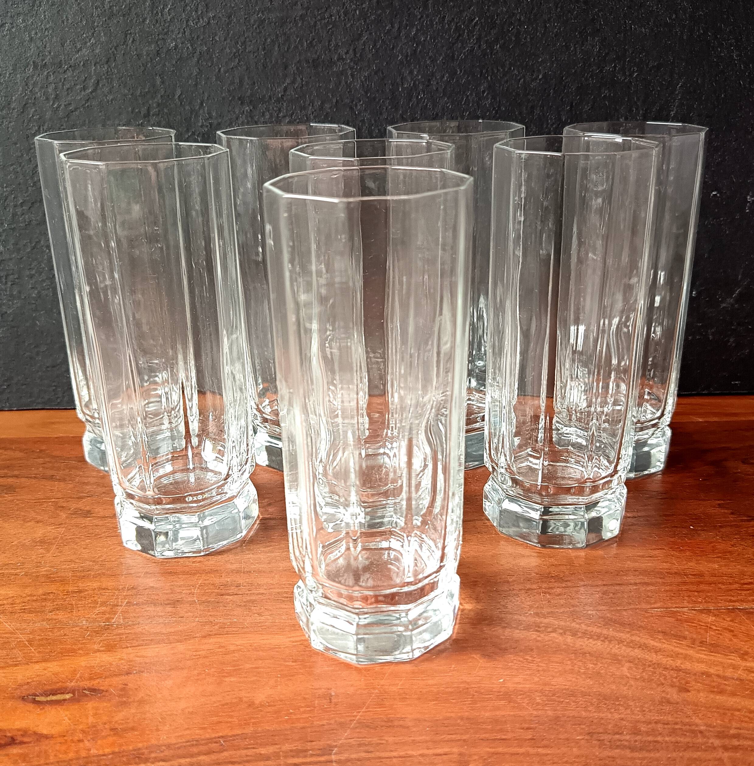 High glasses Luigi Bormioli, transparent decagonal glasses Italy.