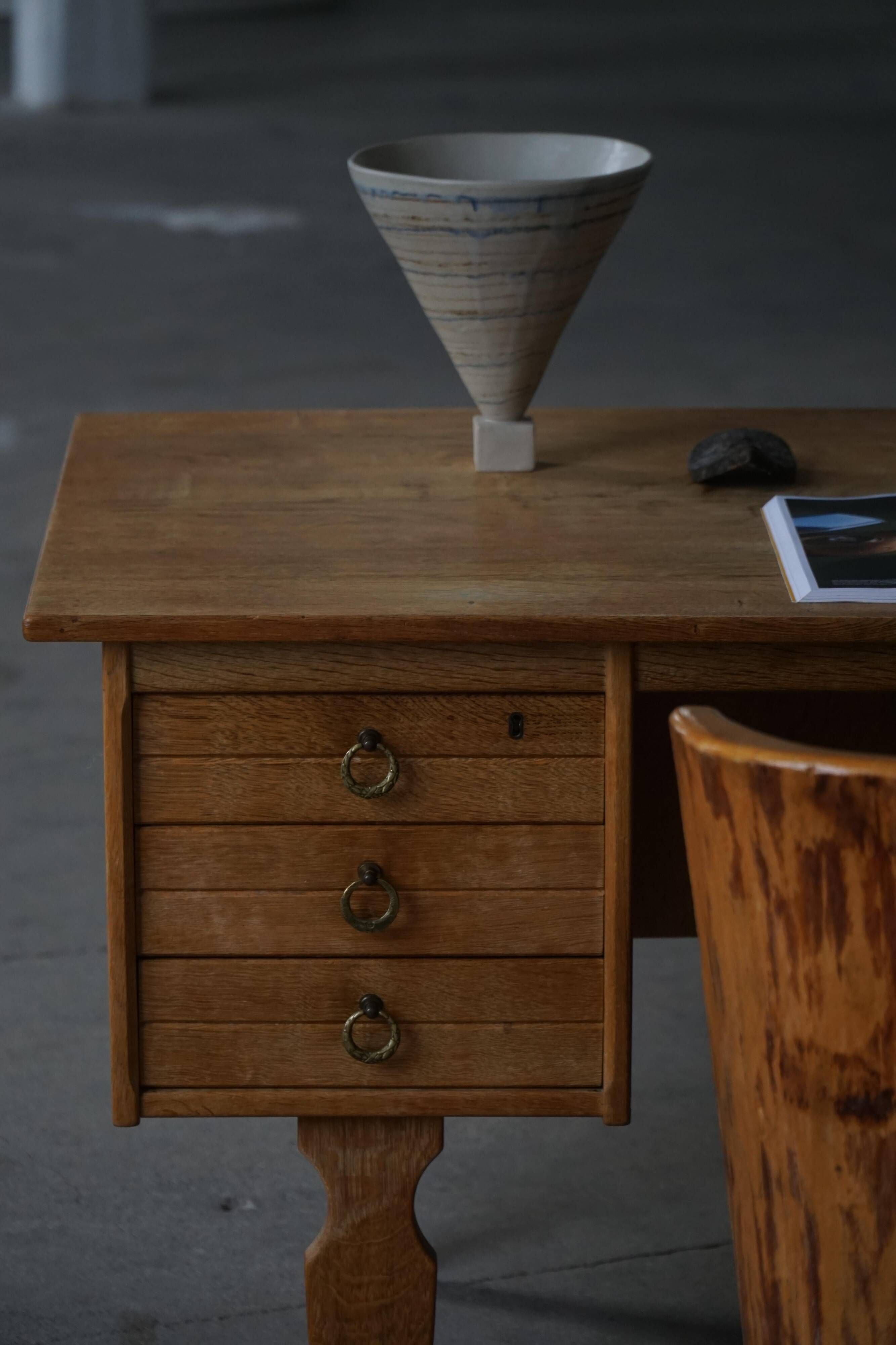 Free-standing oak desk by Henning Kjærnulf, mid-century Danish modernism, 1950s.