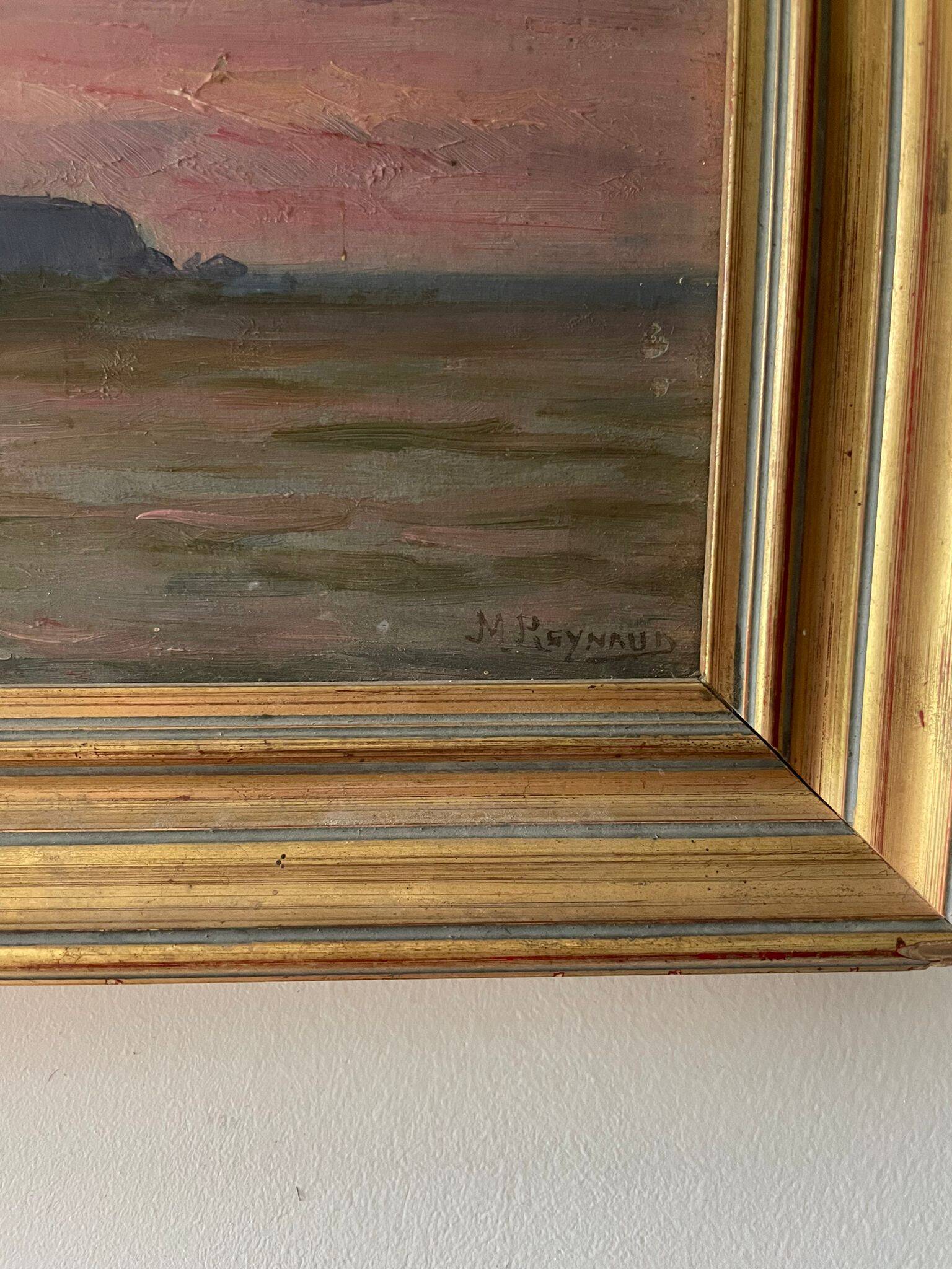 Marius Reynaud (1860 - 1935) "Algerian coastline at sunset" oil on wood