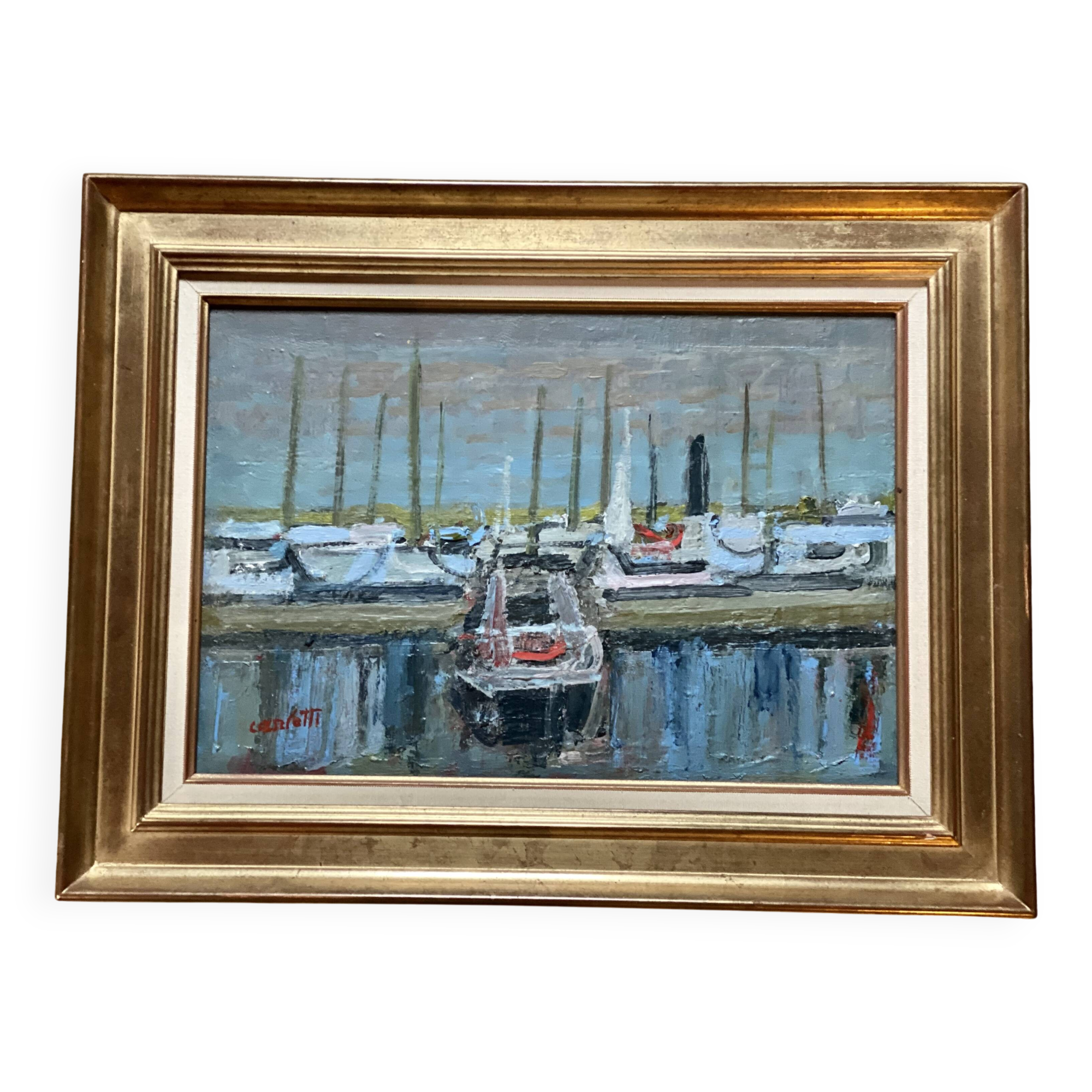 Painting by Jean Albert CARLOTTI, boat in port, Brittany, vintage marine 1950