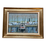 Painting by Jean Albert CARLOTTI, boat in port, Brittany, vintage marine 1950
