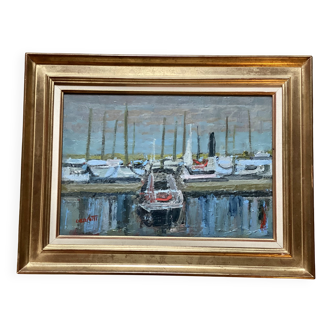 Painting by Jean Albert CARLOTTI, boat in port, Brittany, vintage marine 1950