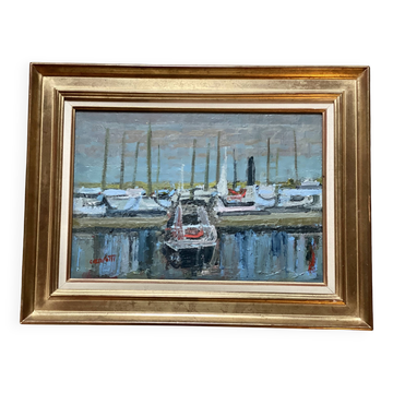 Painting by Jean Albert CARLOTTI, boat in port, Brittany, vintage marine 1950