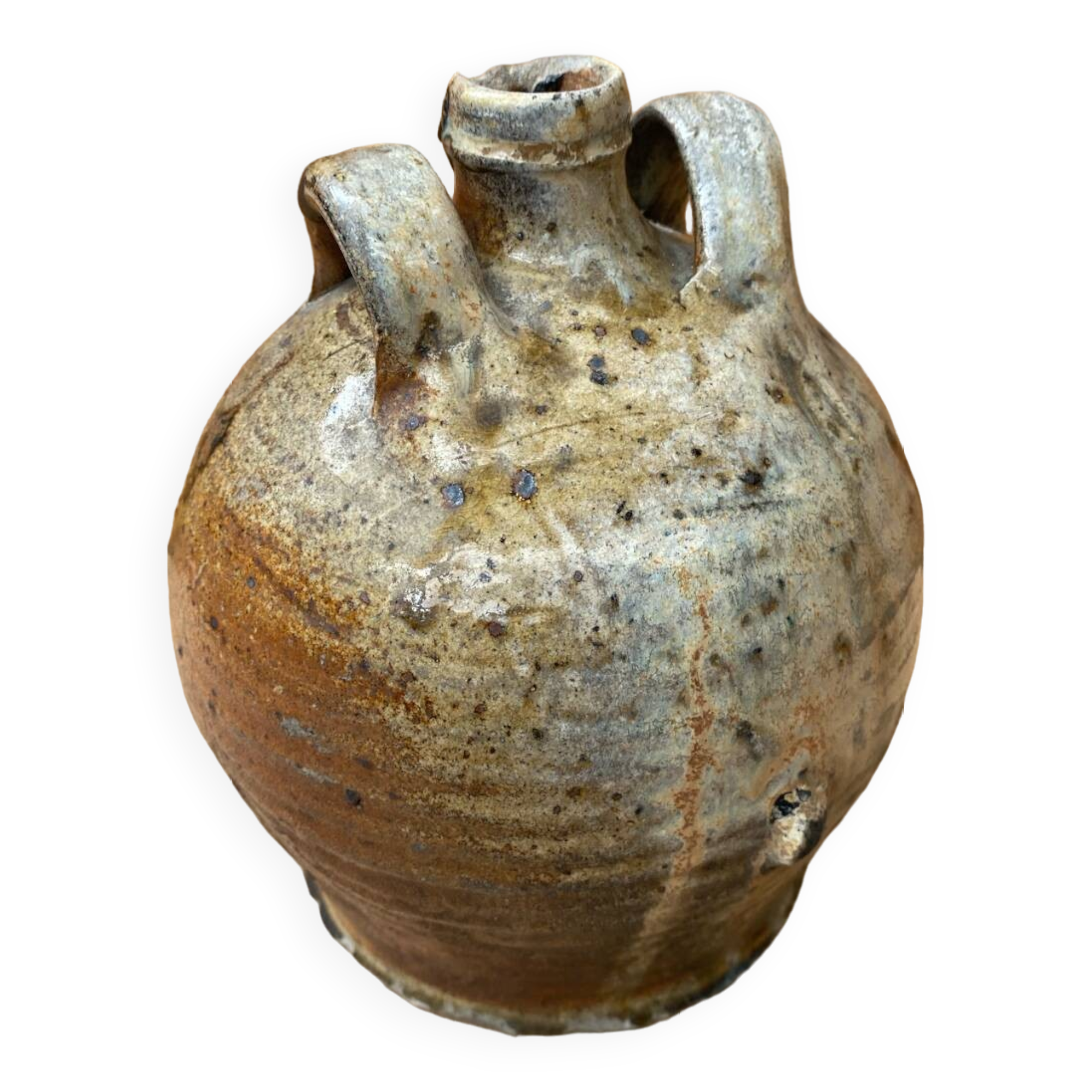 Antique oil jug jar double handle glazed stoneware grey vintage