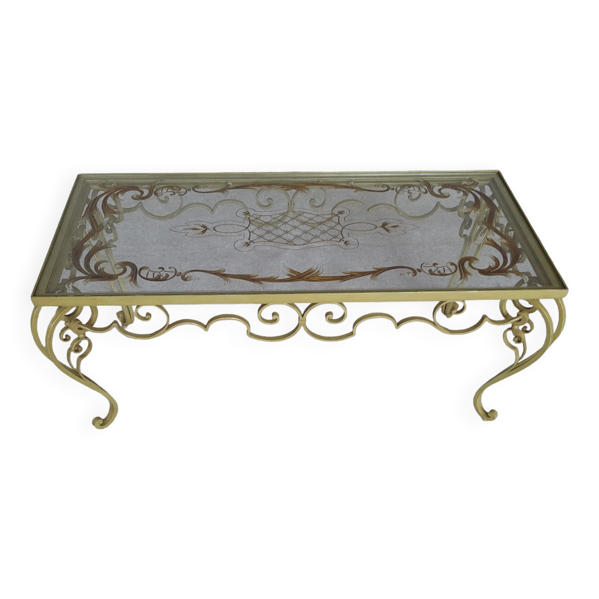 Glass and wrought iron coffee table. 1950s/1960s