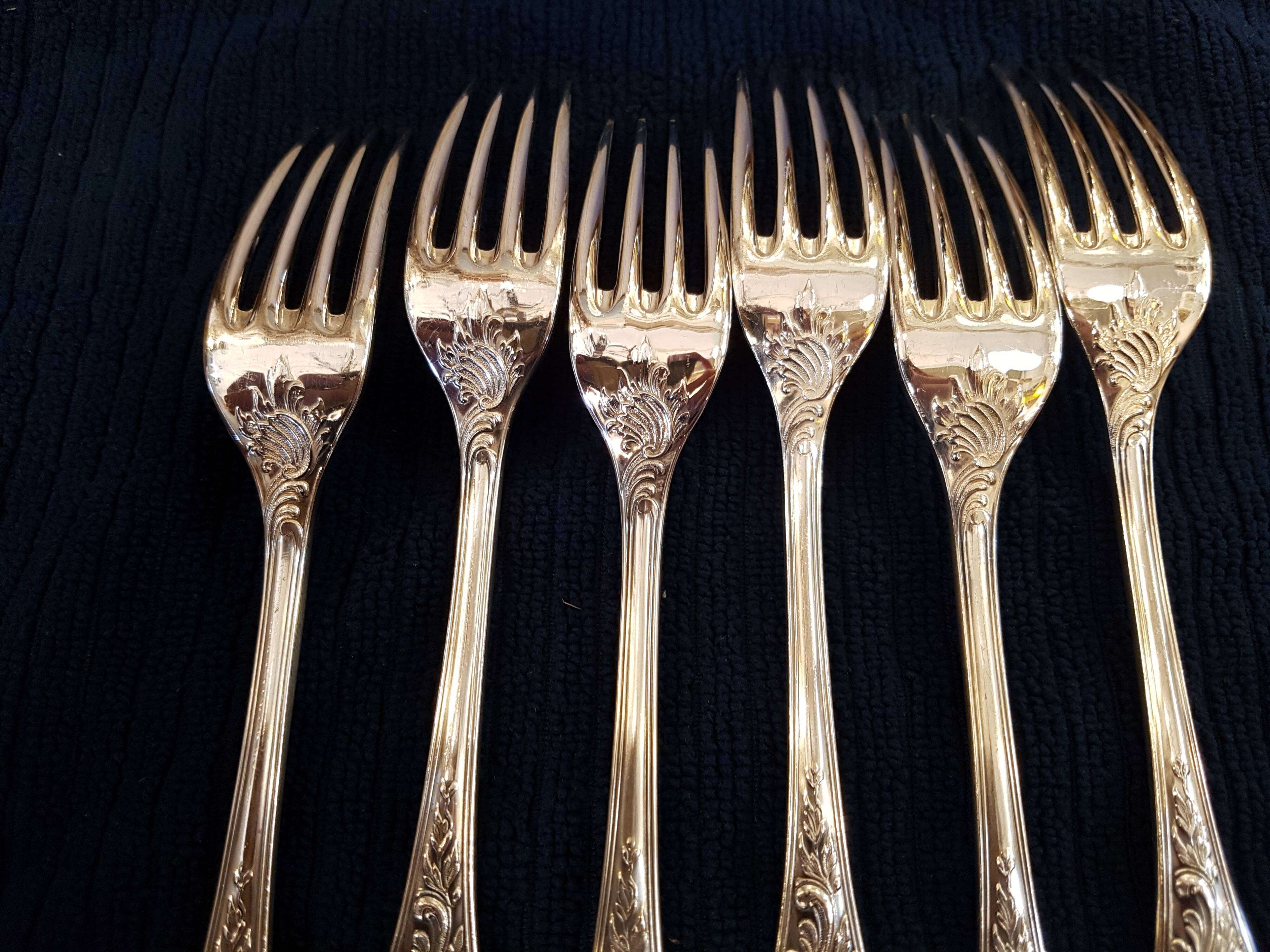 6 silver metal forks, Model Marly, by Christofle.