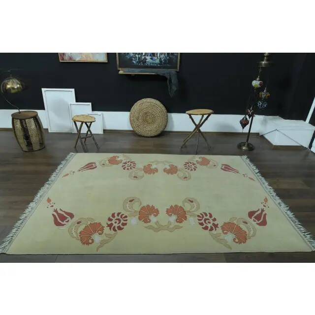 1970s Vintage Turkish Handmade Wool & Cotton Beige Area Rug 160x231