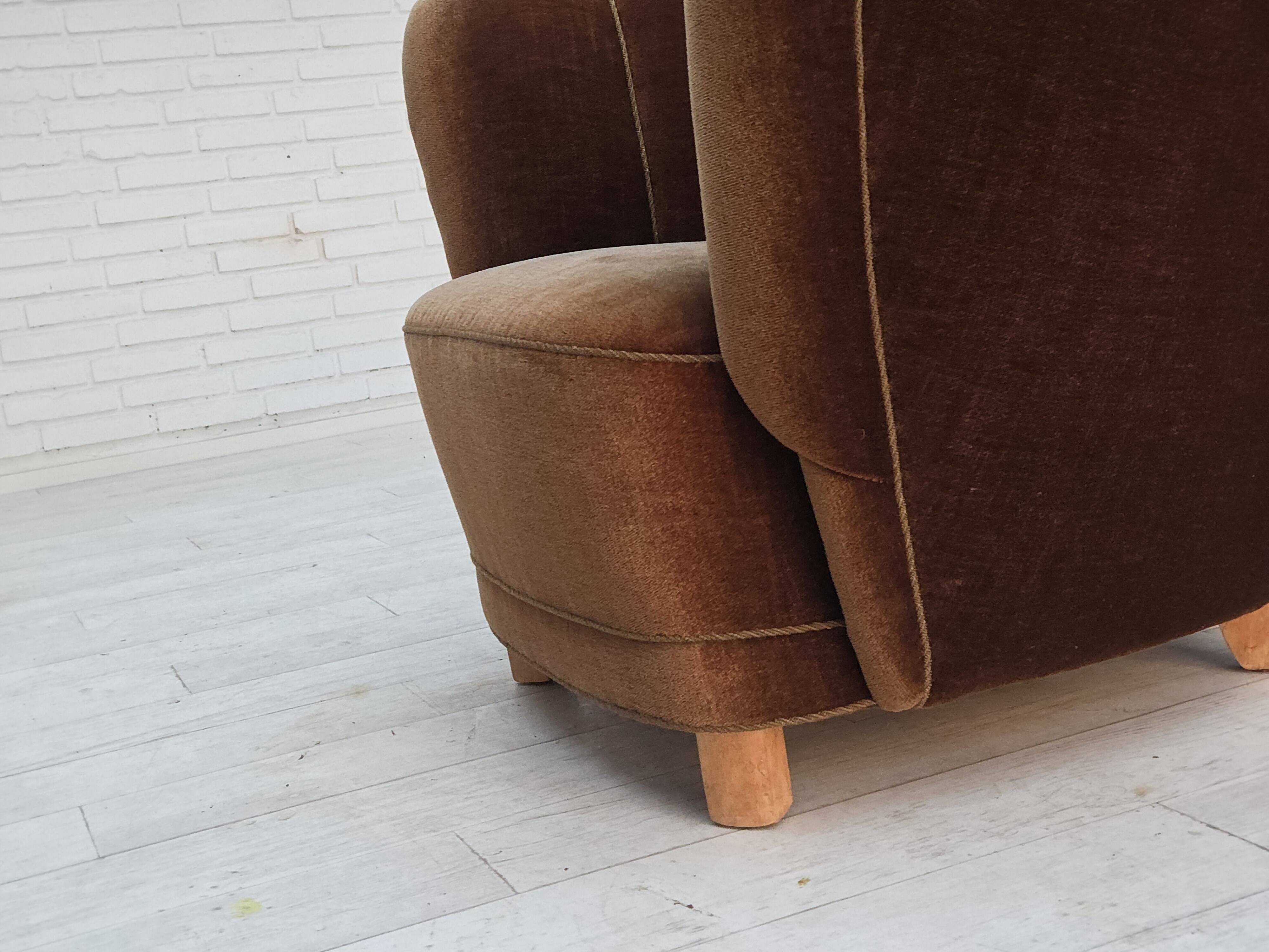 1960s, Danish curved chair, brown furniture velour.