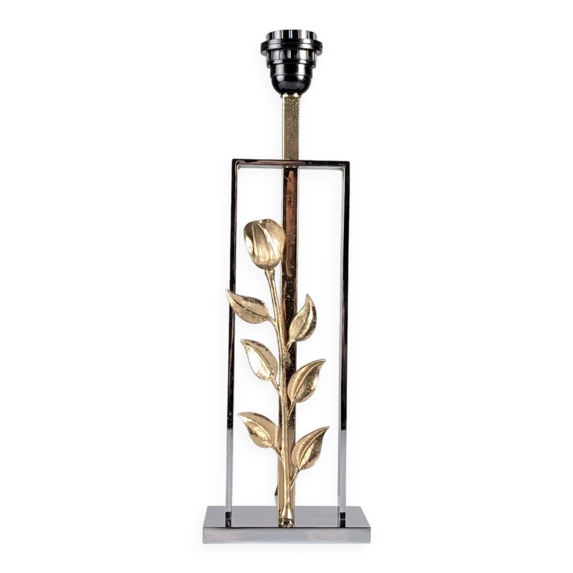 Maison Charles table lamp in chrome and gilt bronze with rose, France, 1970s