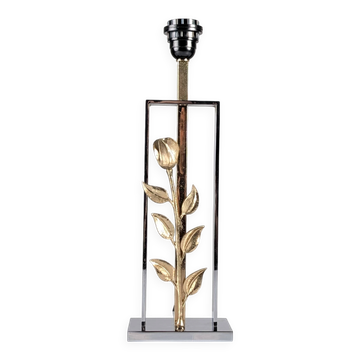 Maison Charles table lamp in chrome and gilt bronze with rose, France, 1970s
