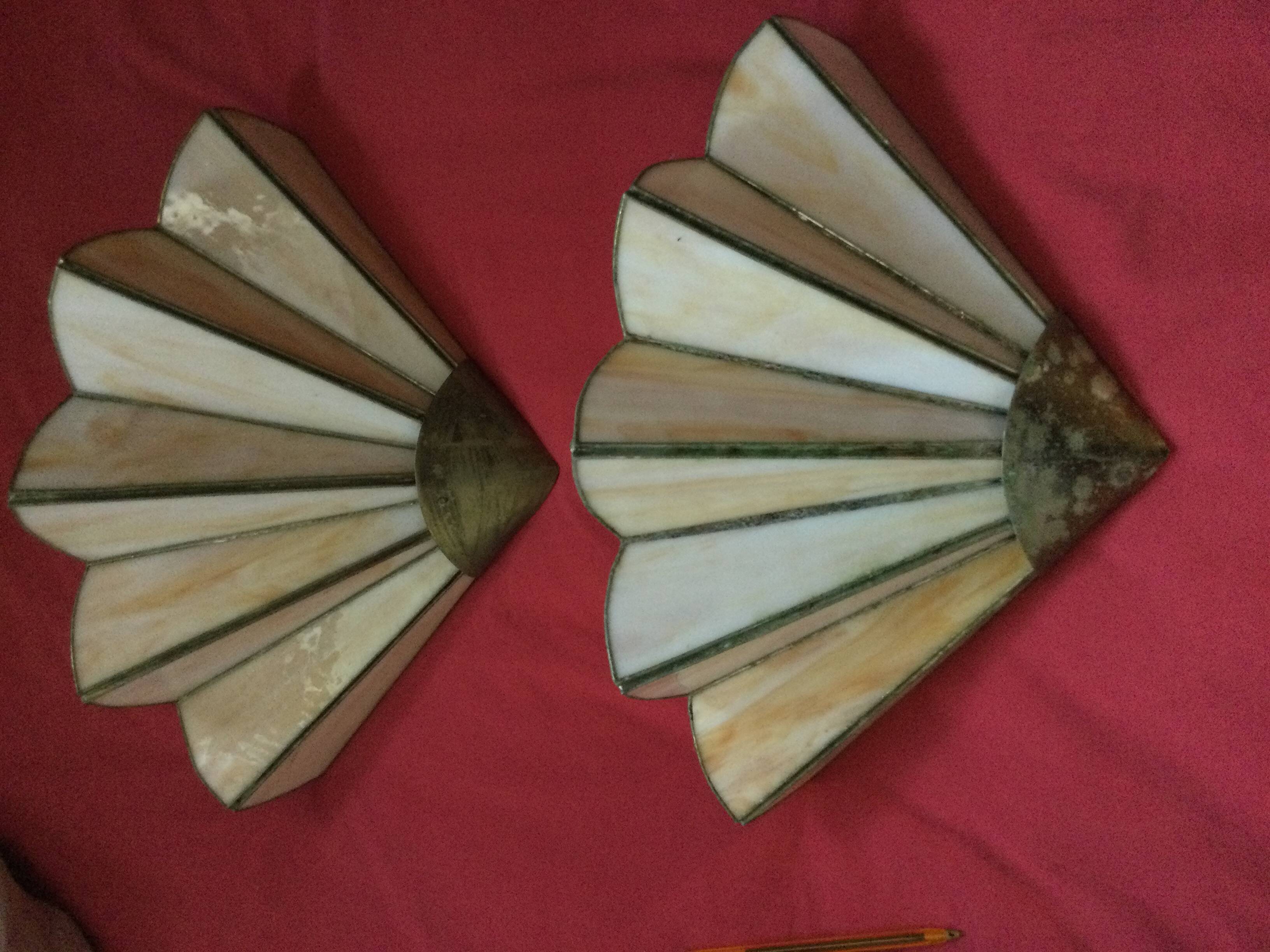2 art deco fan-shaped wall lights in pearly glass paste and brass