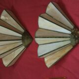2 art deco fan-shaped wall lights in pearly glass paste and brass