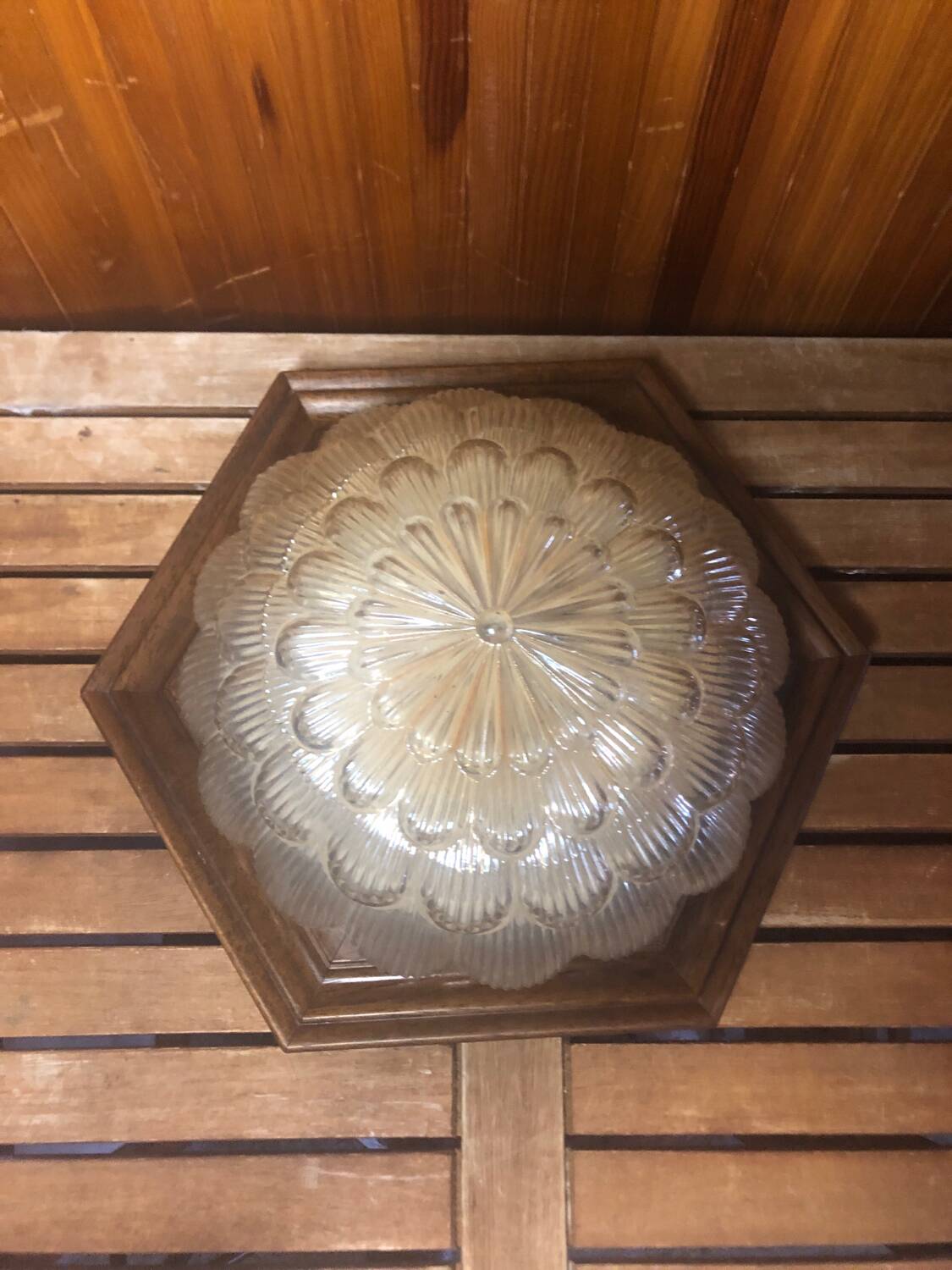 Old Gold Molded Glass Pendant Light + Vintage Wood Contour #A360