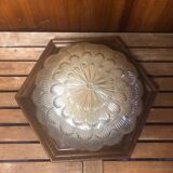 Ancienne Suspension Verre Moulé Doré + Contour Bois Vintage #A360