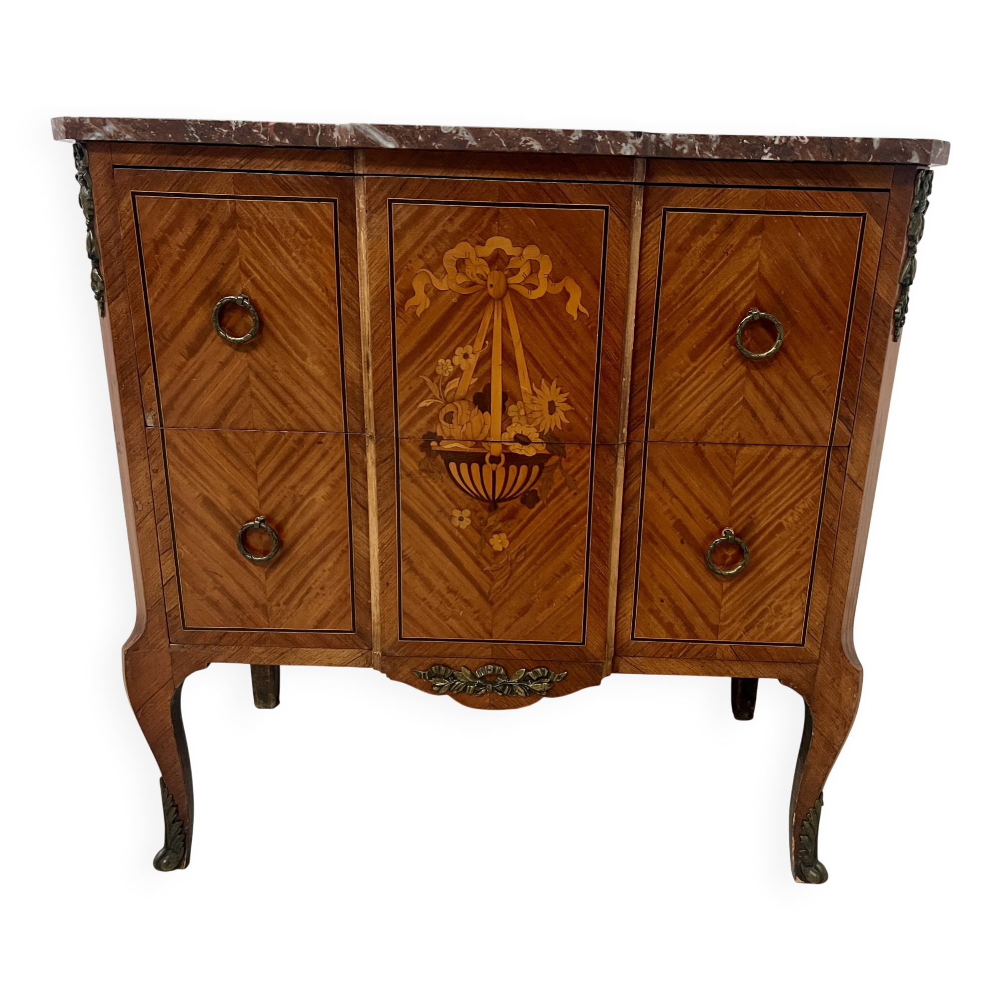 Transitional style commode with a protruding front, in marquetry wood, 20th century.