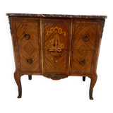 Transitional style commode with a protruding front, in marquetry wood, 20th century.