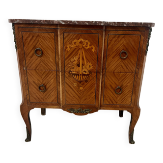 Transitional style commode with a protruding front, in marquetry wood, 20th century.