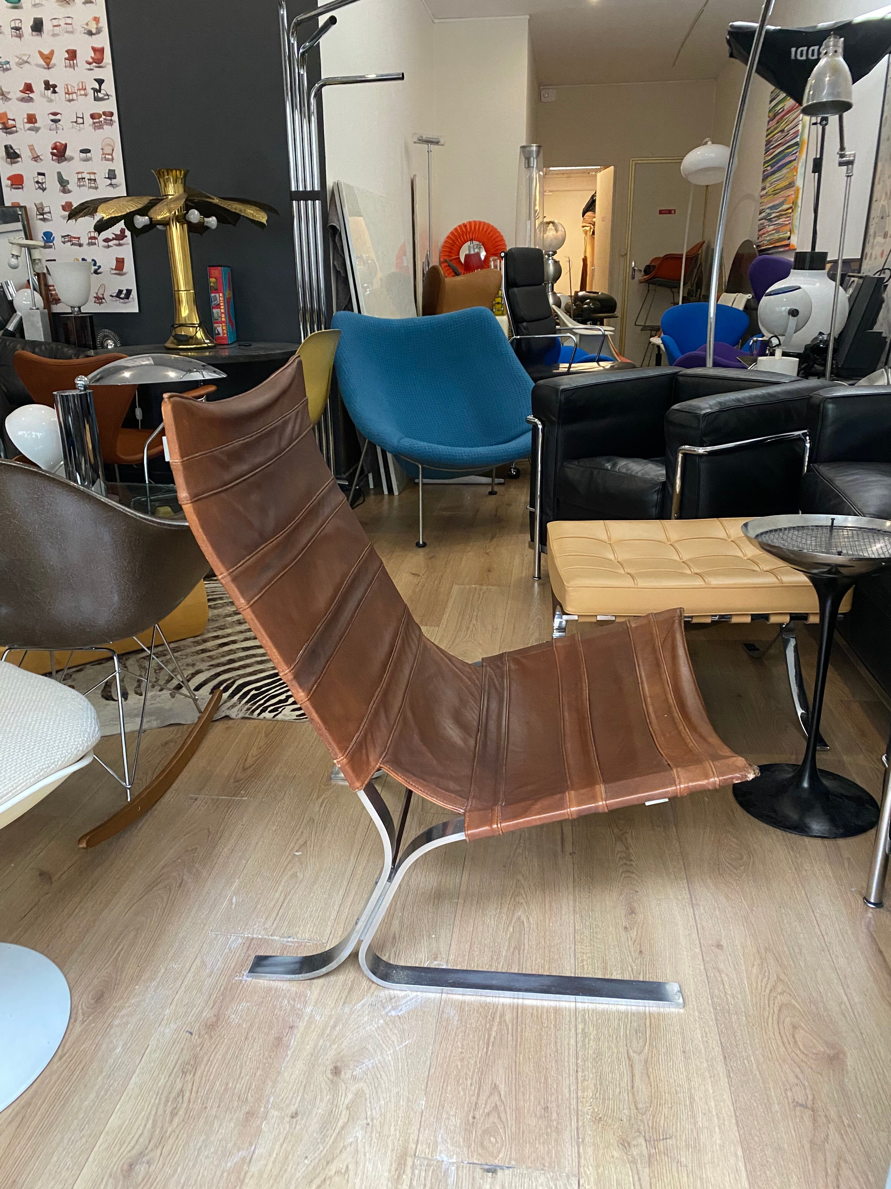 Vintage armchair design steel and leathers stretched 70s