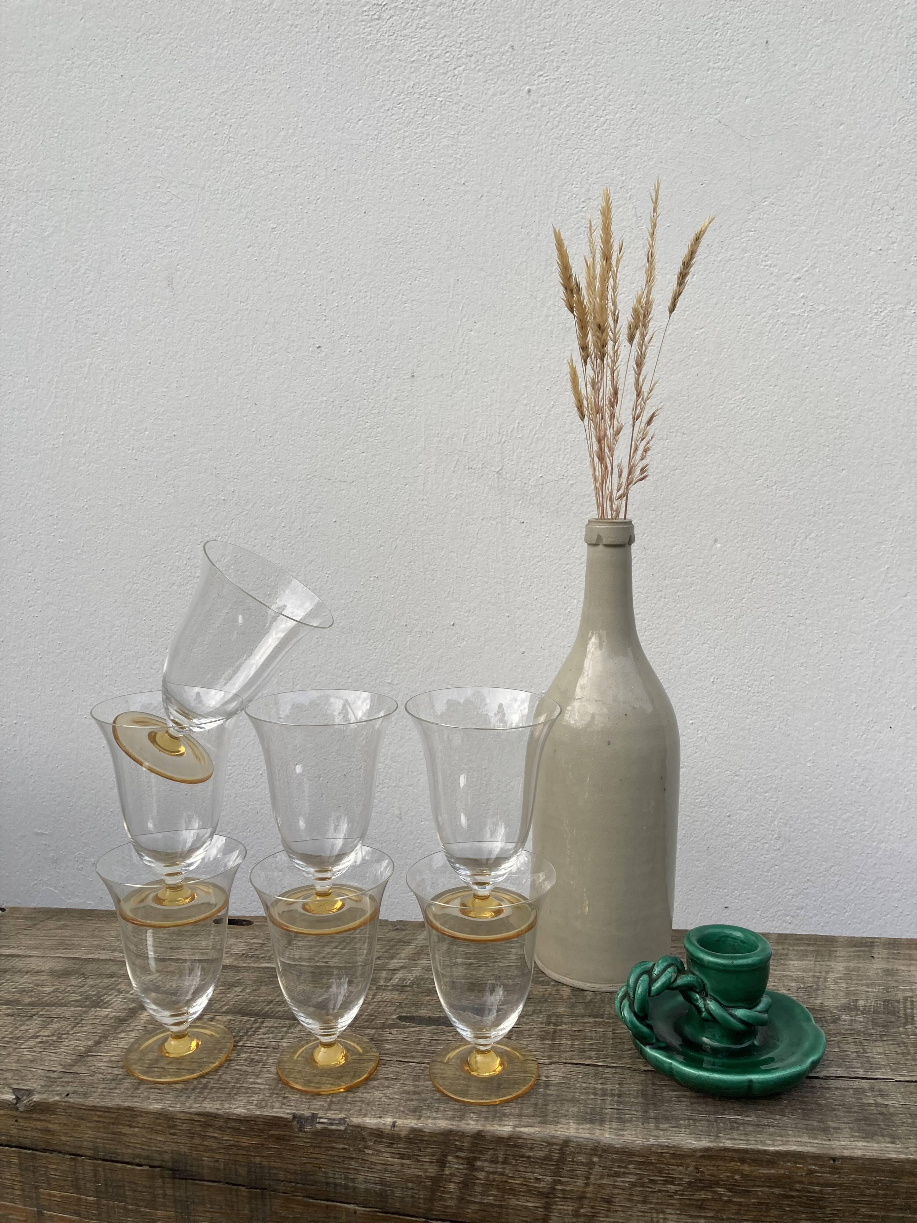 7 glasses with crystal stemmed yellow feet / cups