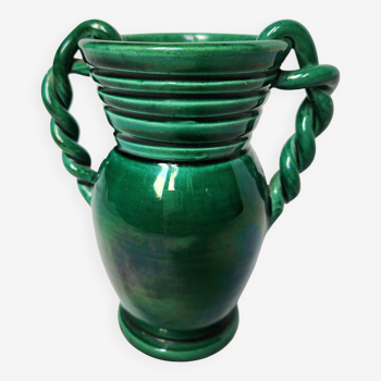 Vase en barbotine vert bouteille de la manufacture française Vallauris. Vintage.
