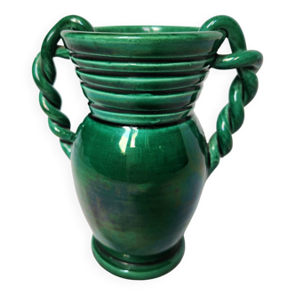 Vase en barbotine vert bouteille de la manufacture française Vallauris. Vintage.