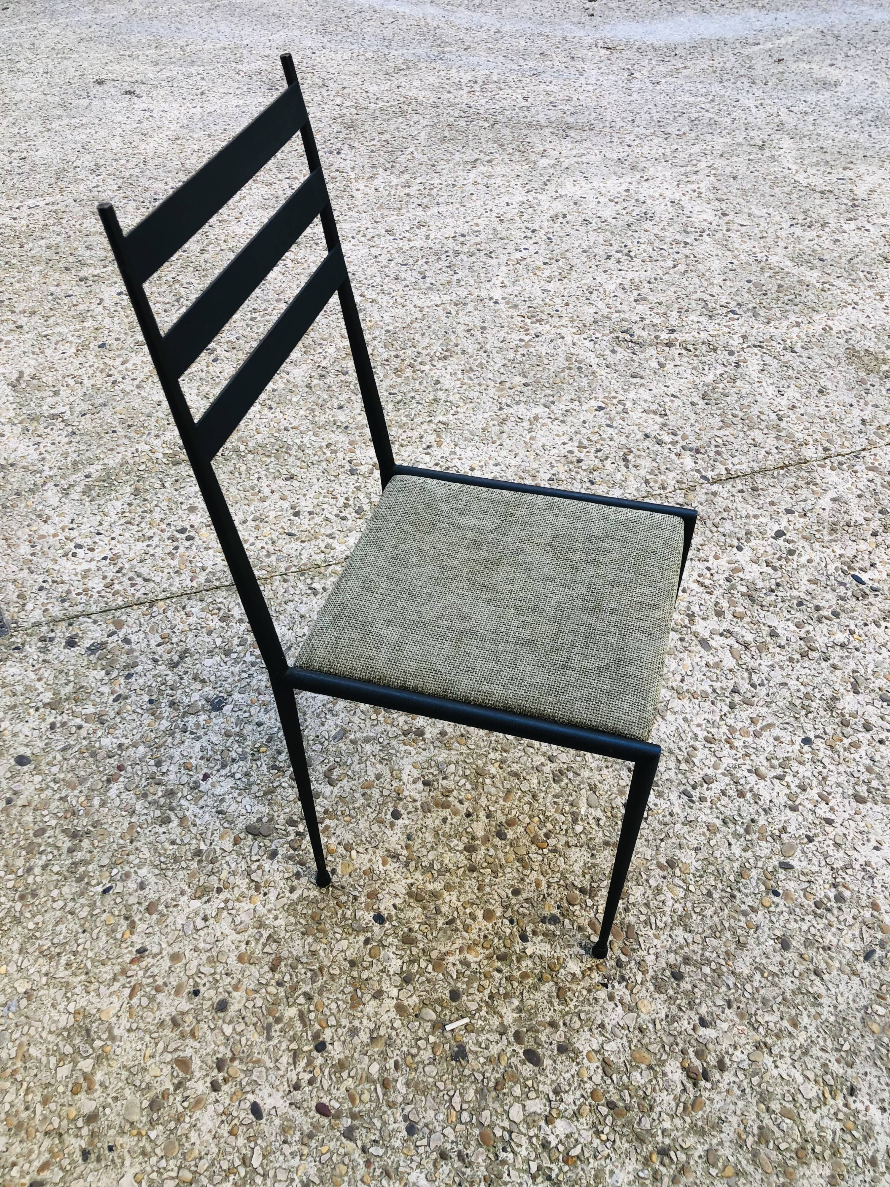 6 black metal chairs with green fabric, Italian design.