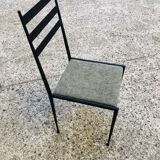 6 black metal chairs with green fabric, Italian design.