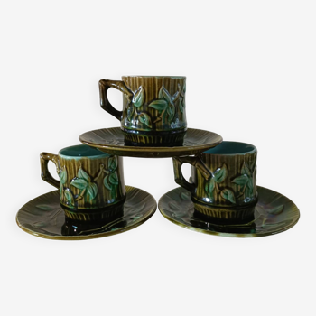 3 tasses et soucoupes en barbotine décor bambou