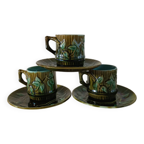 3 tasses et soucoupes en barbotine décor bambou