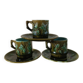 3 cups and saucers in bamboo-decorated earthenware