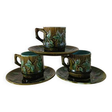 3 cups and saucers in bamboo-decorated earthenware