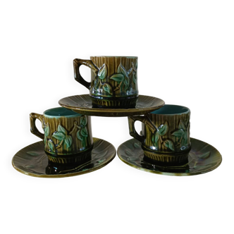 3 tasses et soucoupes en barbotine décor bambou