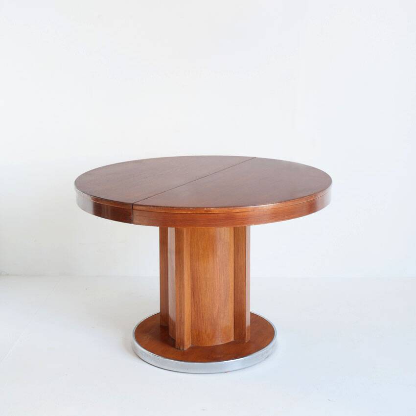 Dining table with a central extension. Vintage. Art Deco style. Varnished wood. France, 1960s.