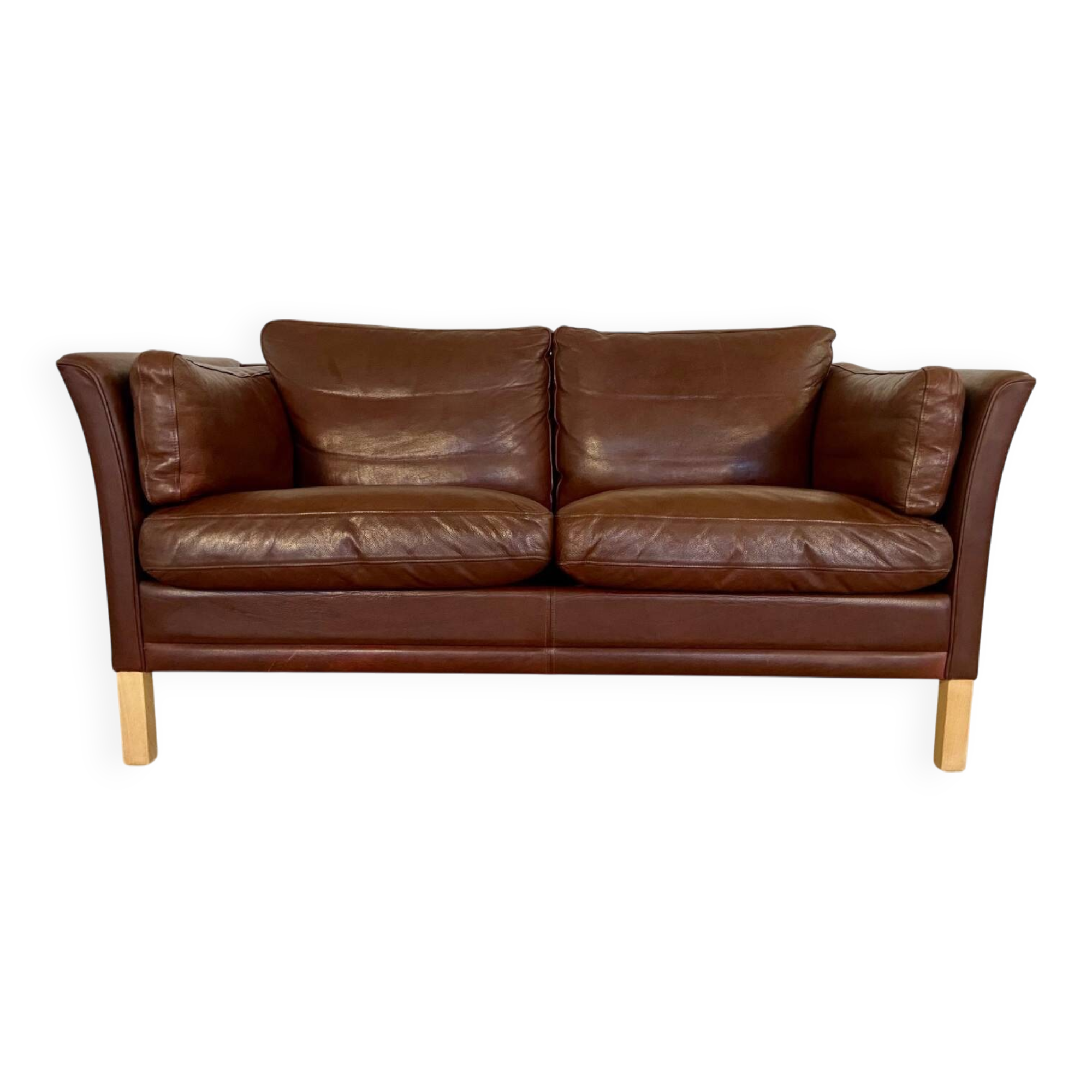 Danish mid-century vintage Mogens Hansen 2 person cognac brown leather sofa 60s