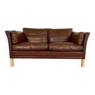 Danish mid-century vintage Mogens Hansen 2 person cognac brown leather sofa 60s