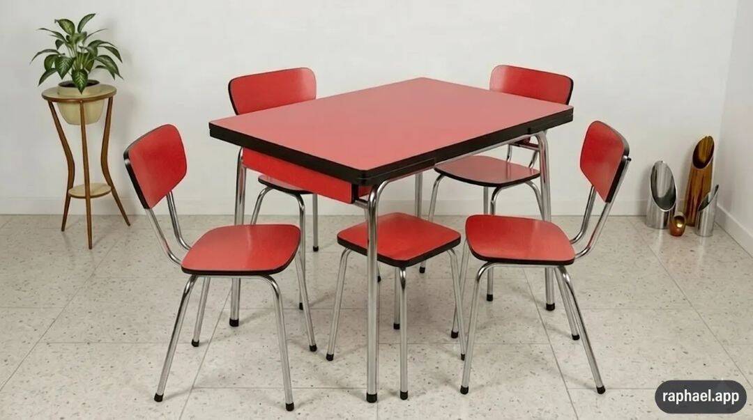 Extendable Table + 4 Chairs + 1 Stool - in Red Formica