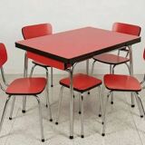 Extendable Table + 4 Chairs + 1 Stool - in Red Formica