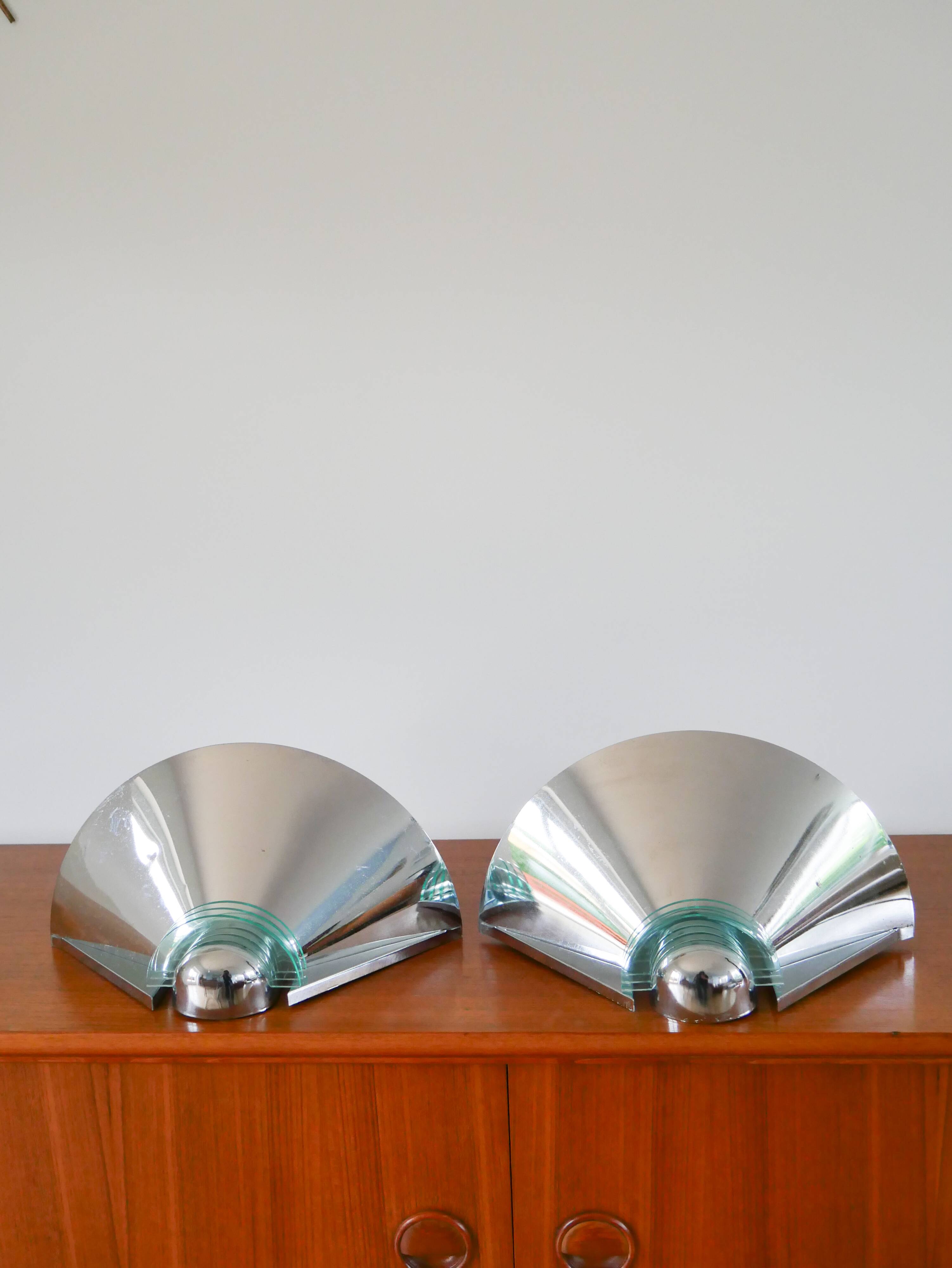Pair of chrome and blue plexiglass wall lights, Made in Germany, Design, 1970