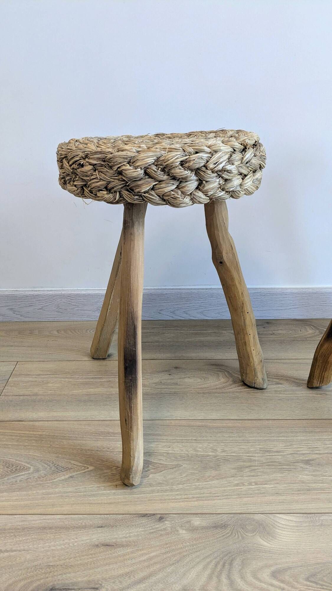 Pair of brutalist tripod stools attributed to Audoux & Minet.