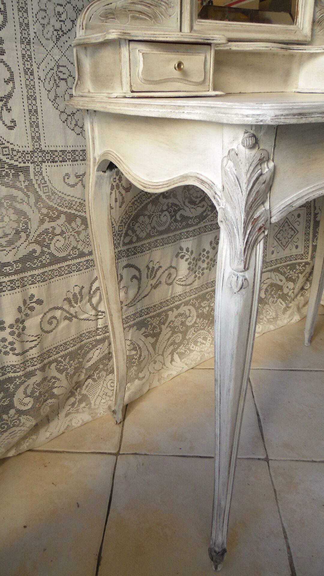 Former white grey patina hairdresser mirror table 2 Shabby chic drawer