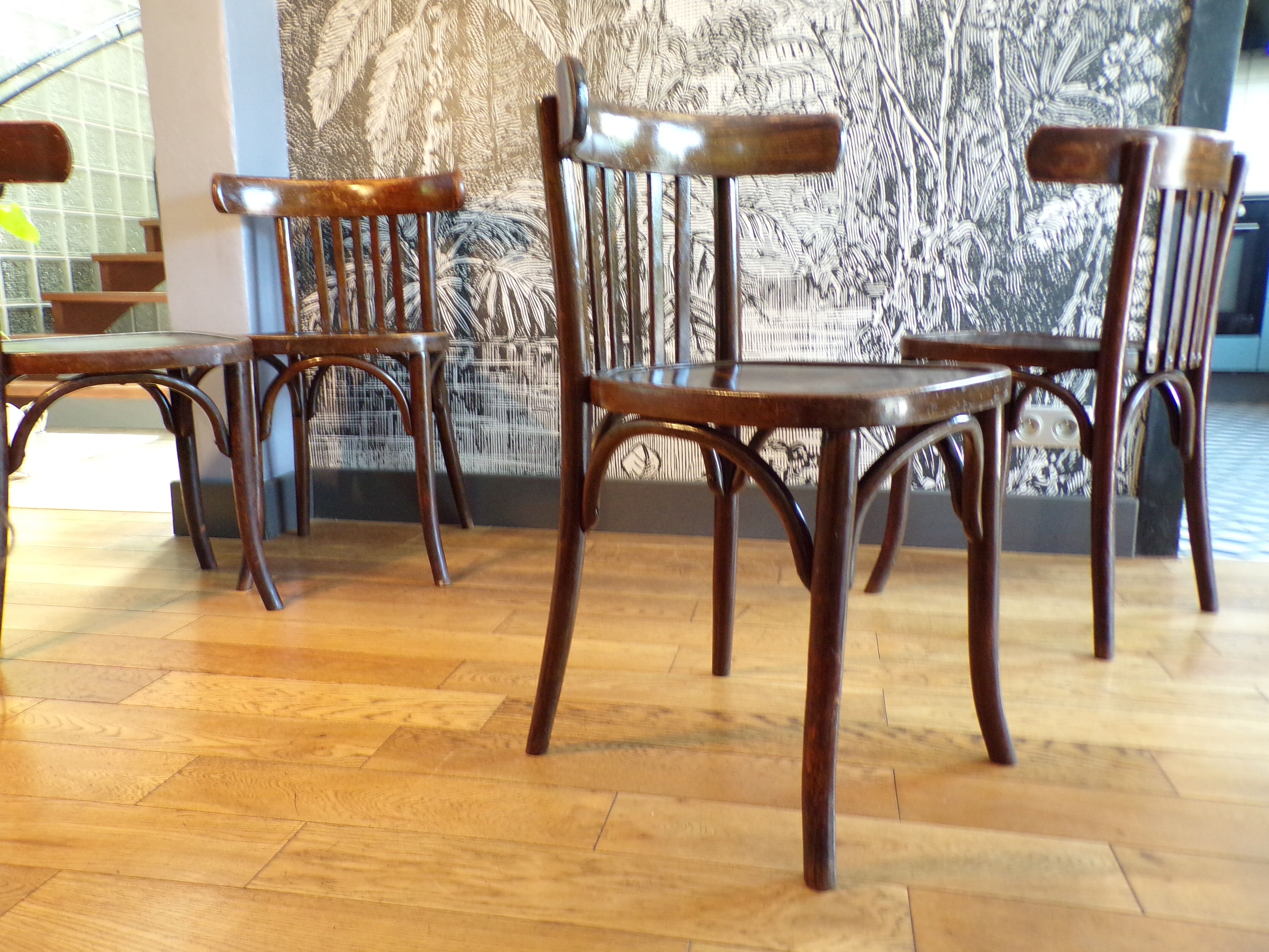 4 antique bistro chairs in curved wood