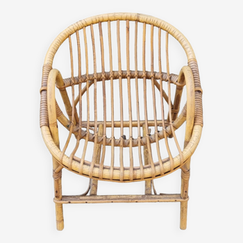 Small armchair shell bamboo and rattan, child, vintage, 60s