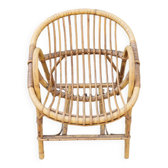 Petit fauteuil coquille bambou et rotin, enfant, vintage, années 60