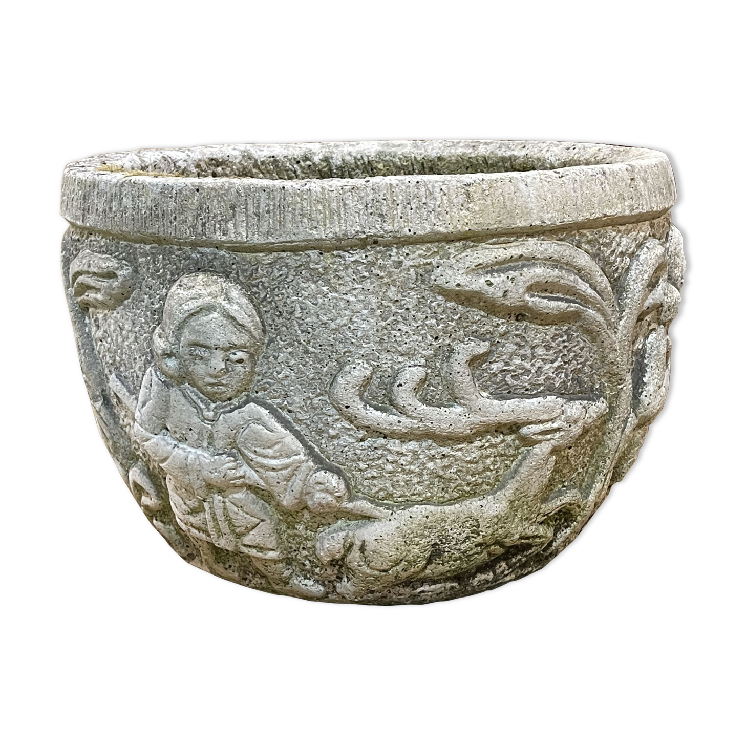 Reconstituted stone planter with hunting decoration