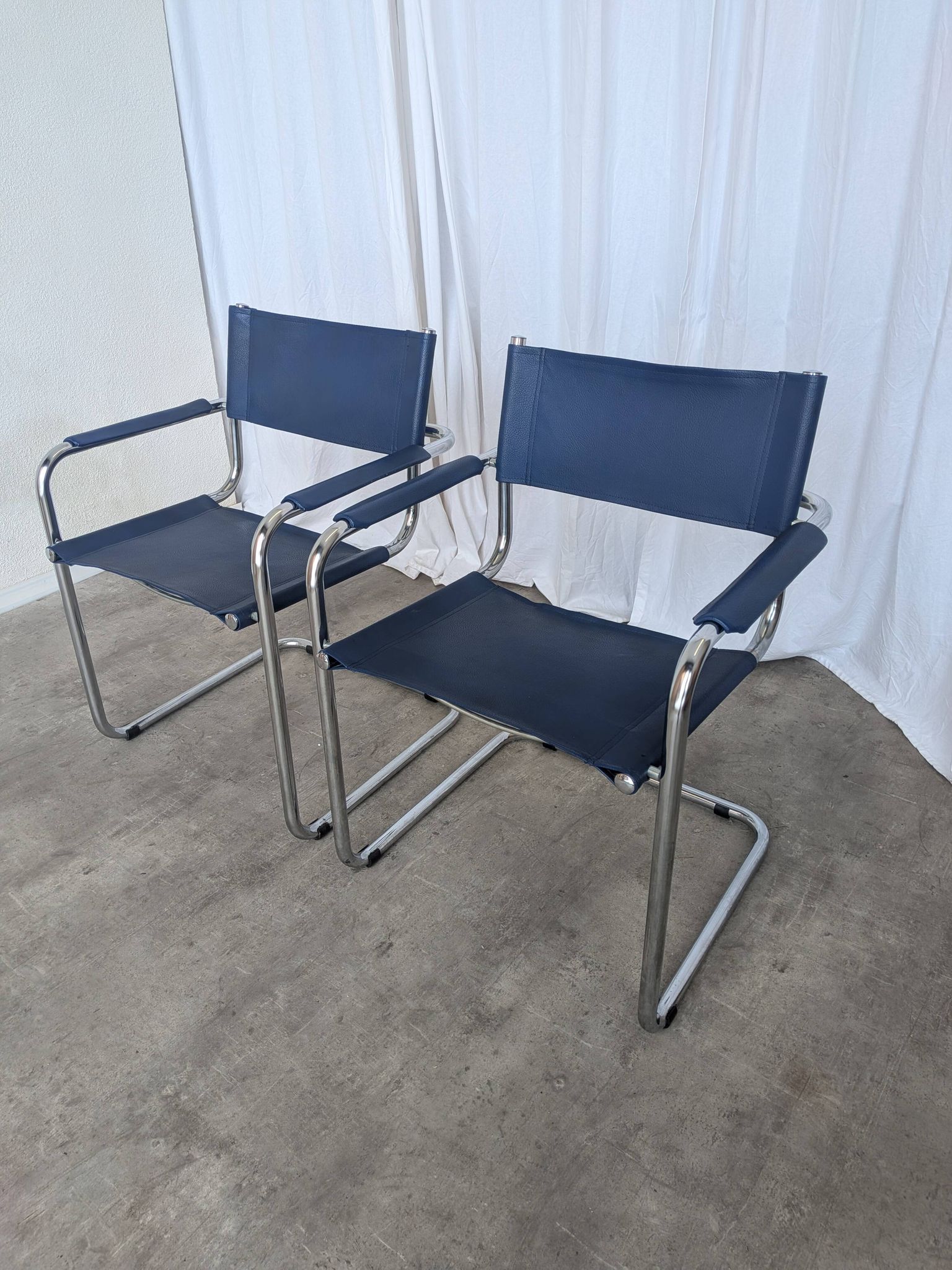 Set of 2 Vintage Mart Stam Style S34 Chair: Blue Leather, Bauhaus Design