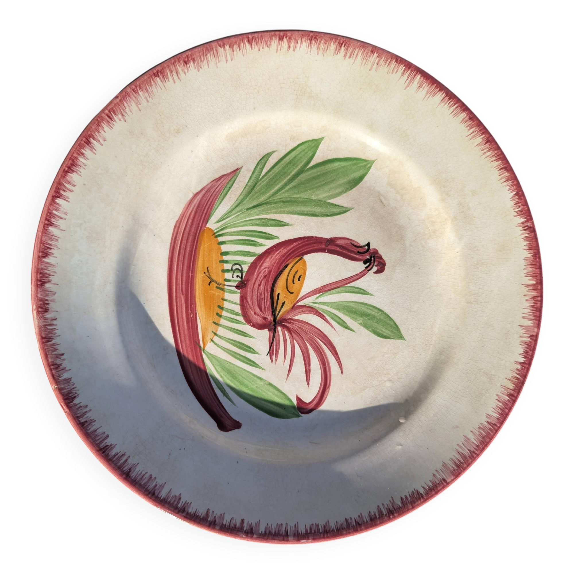 Old deep plate, rooster decoration, in Sarreguemines Digoin ceramic.