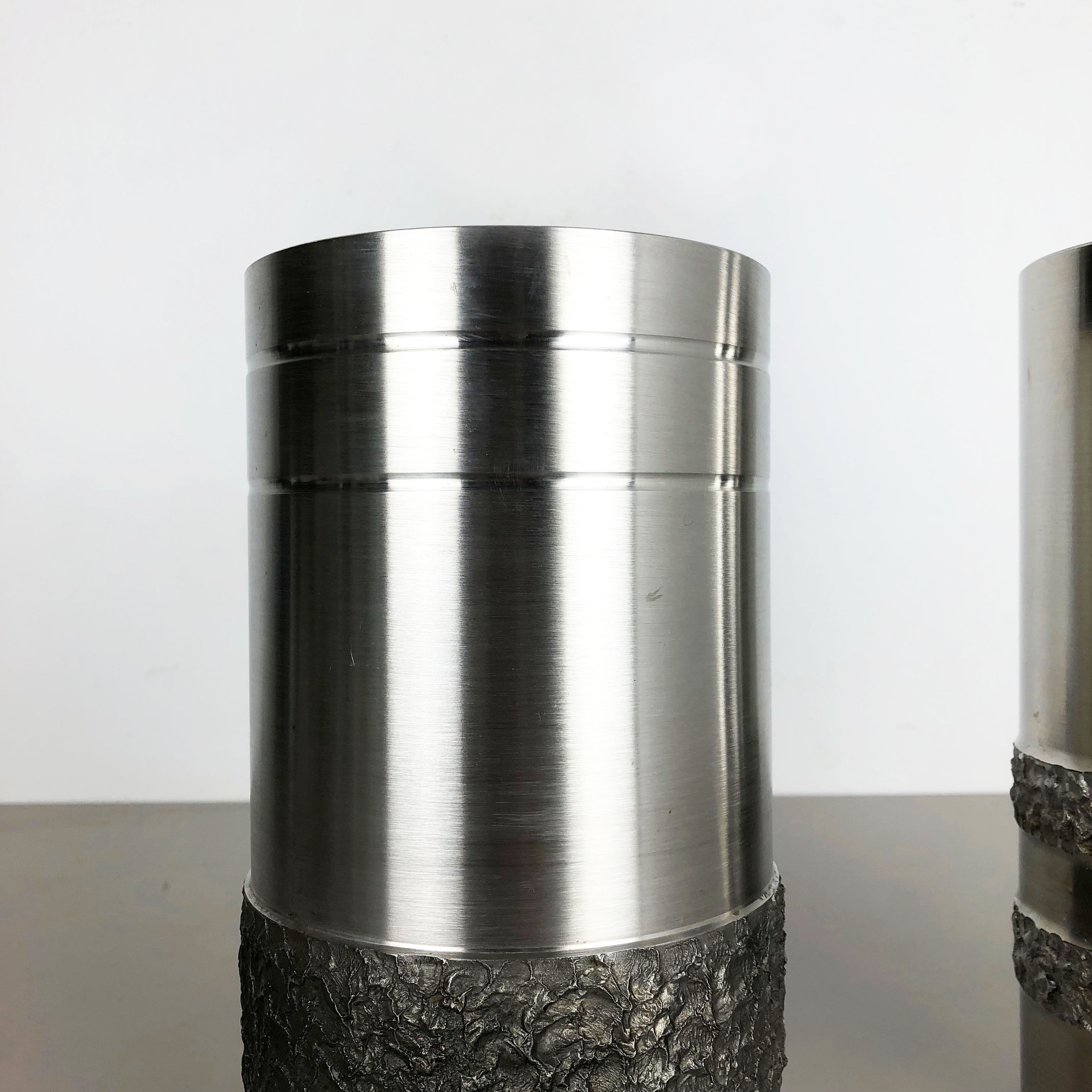 Set of 2 modernist vintage sculptural brutalist steel vases, Germany 1970s