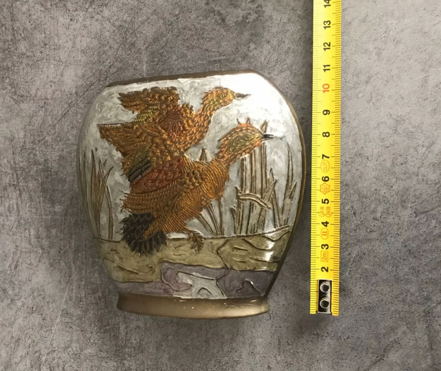 Vintage vase in enamelled brass decoration of duck flight 10.5 cm