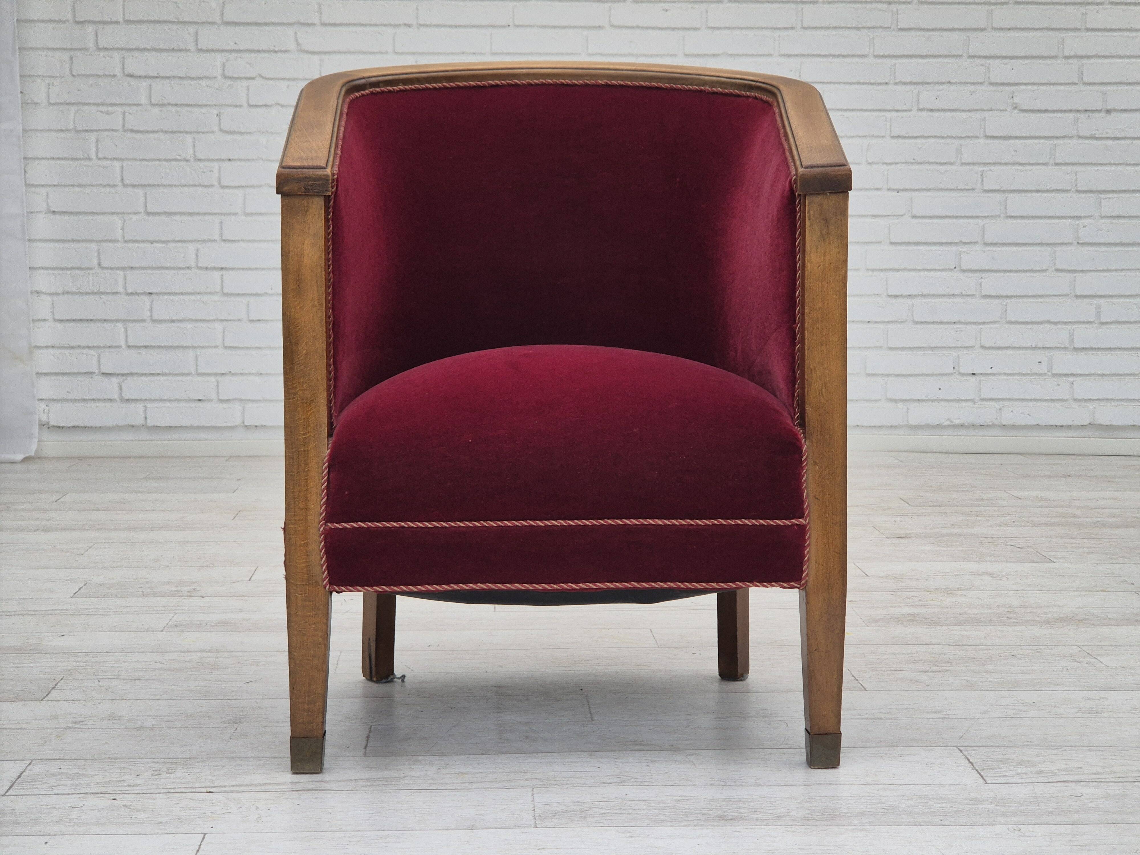 1950s, Danish armchair, original condition, furniture velour, beech wood.
