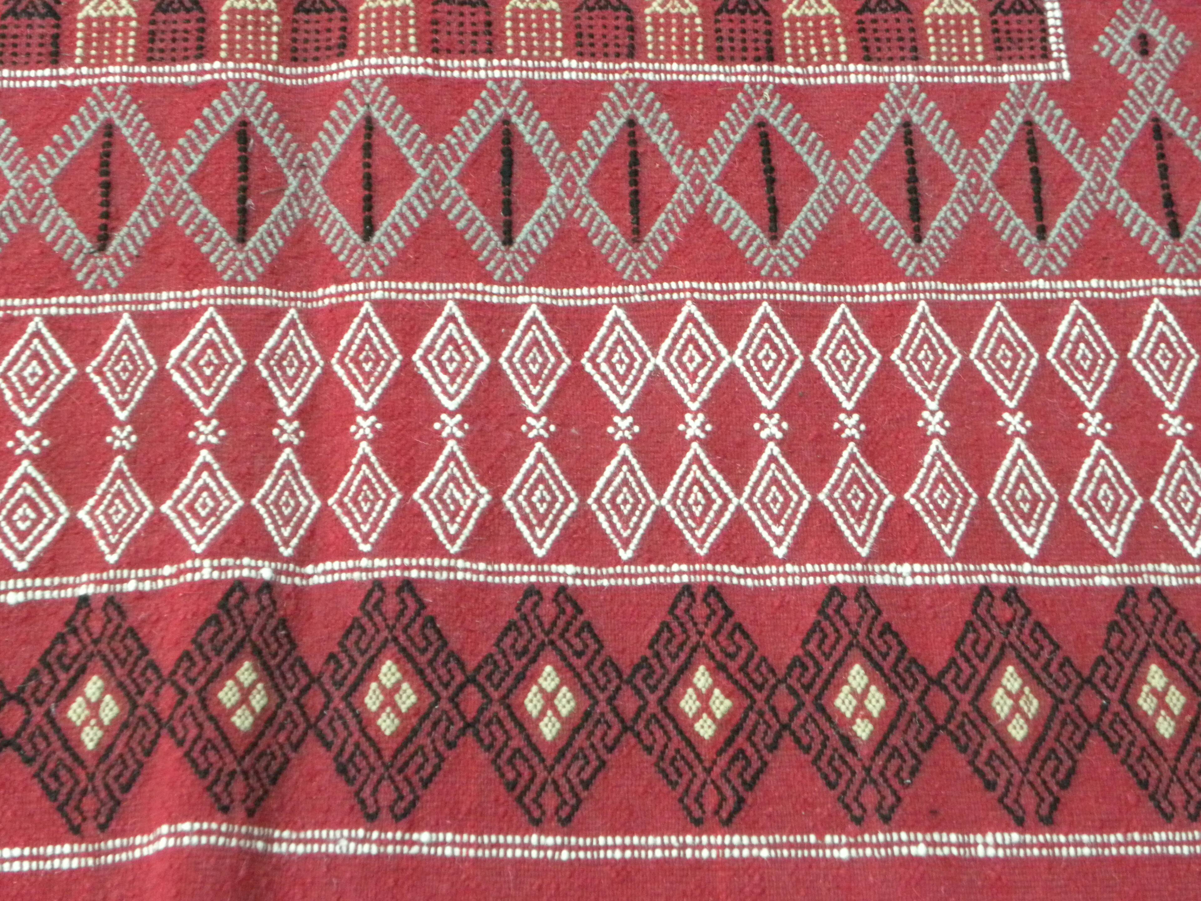 Hand-knotted Red Tunisian Ethnic Berber Wool Rug Margoum